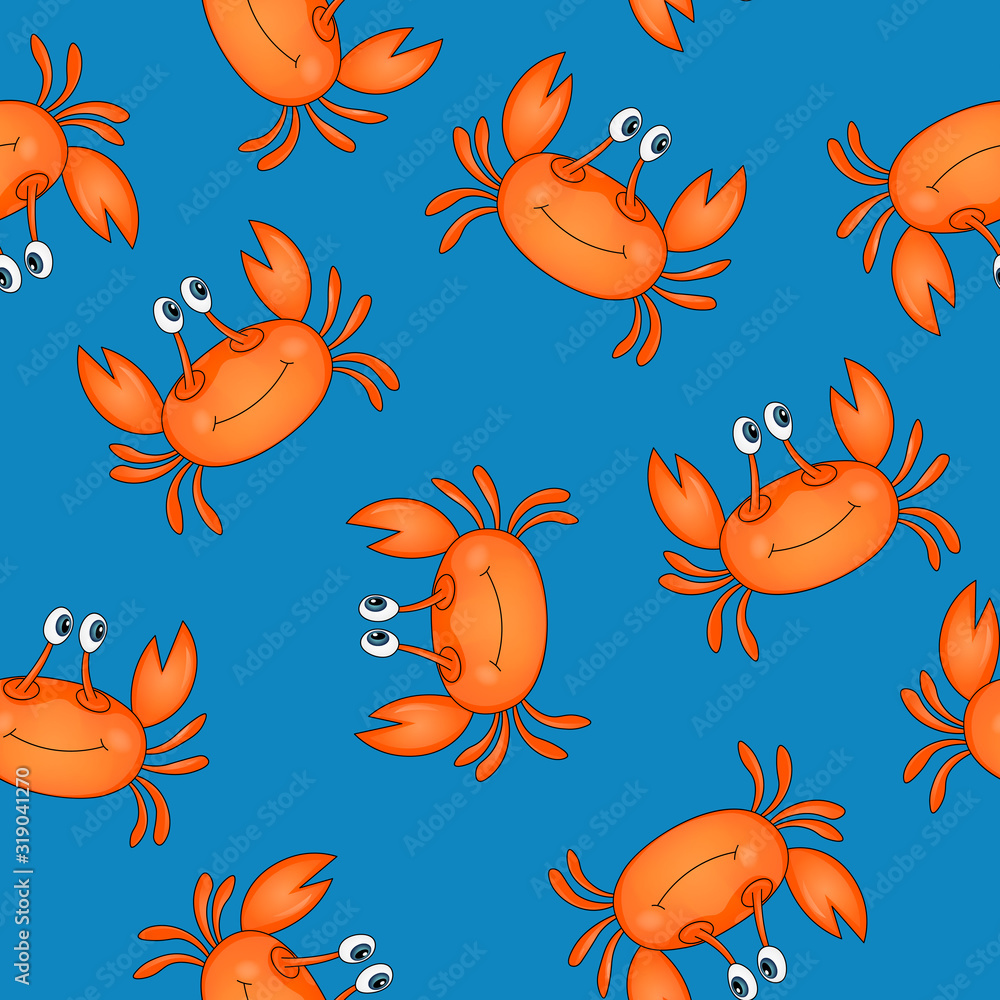 Obraz premium Seamless pattern with cute orange crab on blue background. Vector animals colorful illustration. Adorable character for cards, wallpaper, textile, fabric, kindergarten. Cartoon style.