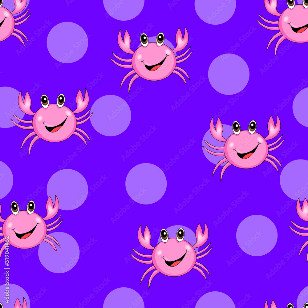 Fototapeta premium Seamless pattern with cute pink crab on purple polka dots background. Vector animals colorful illustration. Adorable character for cards, wallpaper, textile, fabric, kindergarten. Cartoon style.
