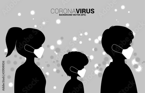 Silhouette people with mask and particle wuhan or Corana virus background. Concept for flu sickness and illness.