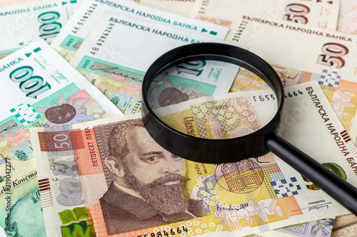 Canvas Print Magnifier on bulgarian lev banknotes