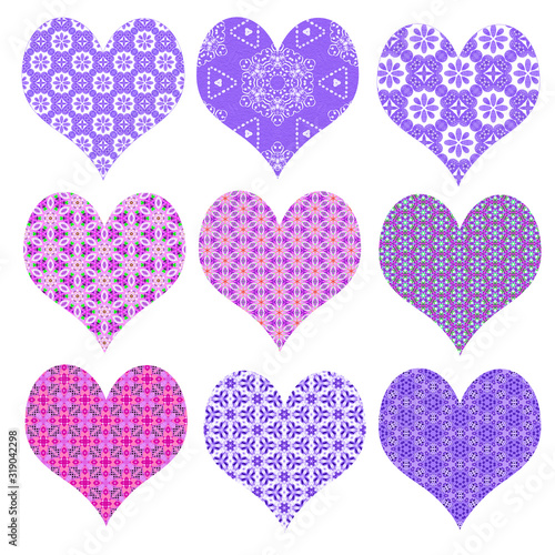 Pretty set of heart shapes in purple and pink isolated on white. Symbols of love for Valentines Day. Can be cut out separately. 