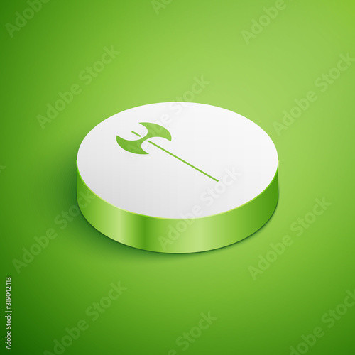 Isometric Medieval axe icon isolated on green background. Battle axe, executioner axe. Medieval weapon. White circle button. Vector Illustration