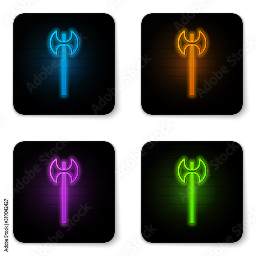 Glowing neon Medieval axe icon isolated on white background. Battle axe, executioner axe. Medieval weapon. Black square button. Vector Illustration