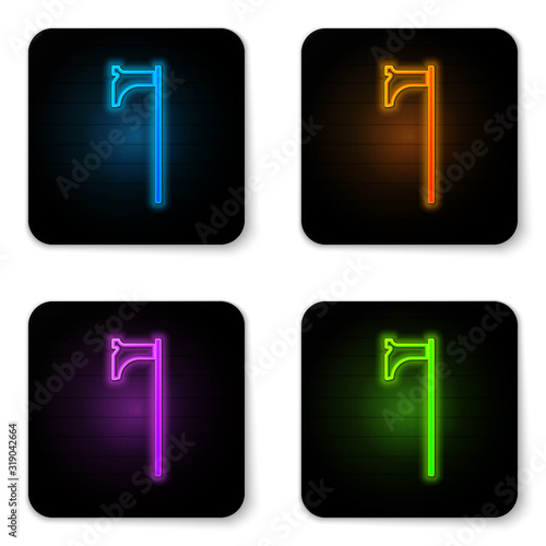 Glowing neon Medieval axe icon isolated on white background. Battle axe, executioner axe. Medieval weapon. Black square button. Vector Illustration