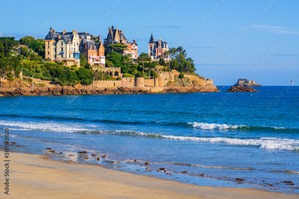 Sand beach and historical villas in Dinard, Brittany, France