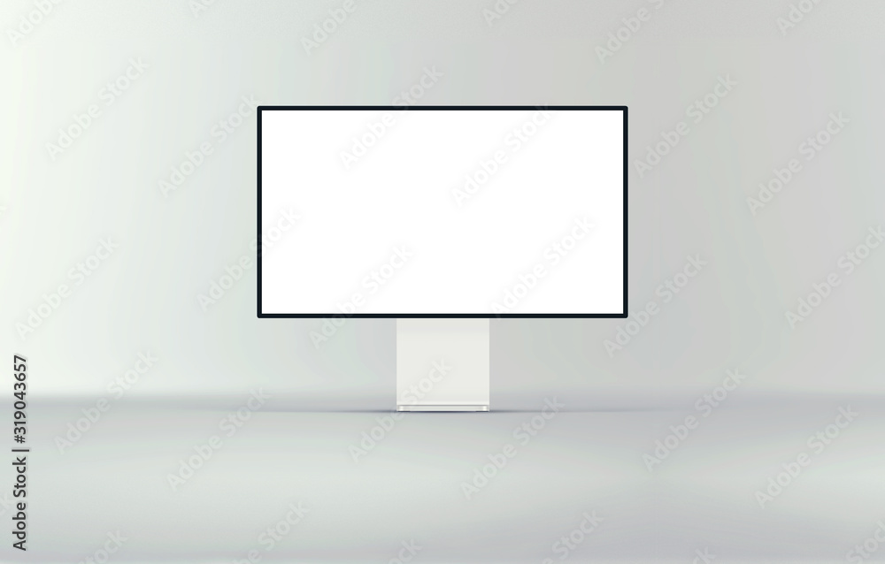 New desktop computer pro display on white background. Modern blank flat monitor screen. Modern creative workspace background. Front view. New desktop computer pro display on white background. Modern blank flat monitor screen. Modern creative workspace background. Front view.