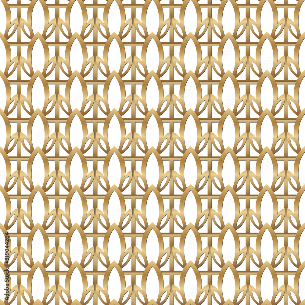 Fototapeta premium Abstract golden squared illustration. 3d geometric seamless pattern with floral ornament. Template art deco design for web page, textures, card, poster. Modern stylish luxury background with repeating