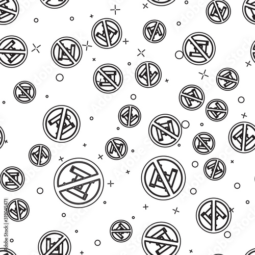 Black line Say no to plastic bags poster icon isolated seamless pattern on white background. Disposable cellophane and polythene package prohibition sign. Vector Illustration