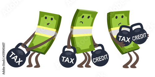 Sad money characters, bent from the weight, keeping a huge weight with the tax. Taxes and credit burden concept.
