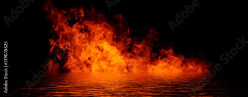 Panoramic view realistic isolated fire flame effect for decoration and covering on black background. Stock illustration.