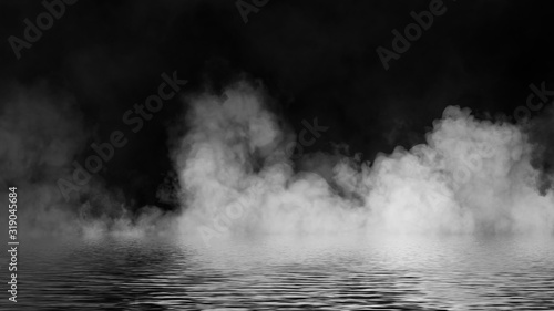 Explosion fire fog on isolated black background. Experiment chemistry smoke . The concept of aromatherapy. Stock illustration.
