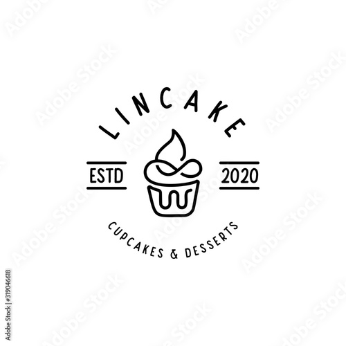 Retro Cupcake bakery logo line art vector