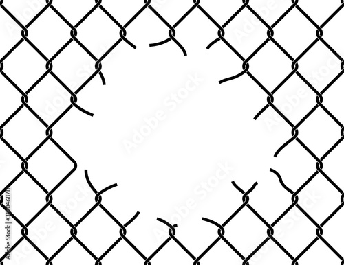 Mesh netting torn. Hole in the center of mesh fence. Vector background