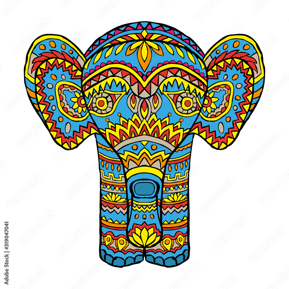Obraz premium Bright colorful painted elephant. Front view. Vector hand drawing. Isolated object on a white background. Isolate.