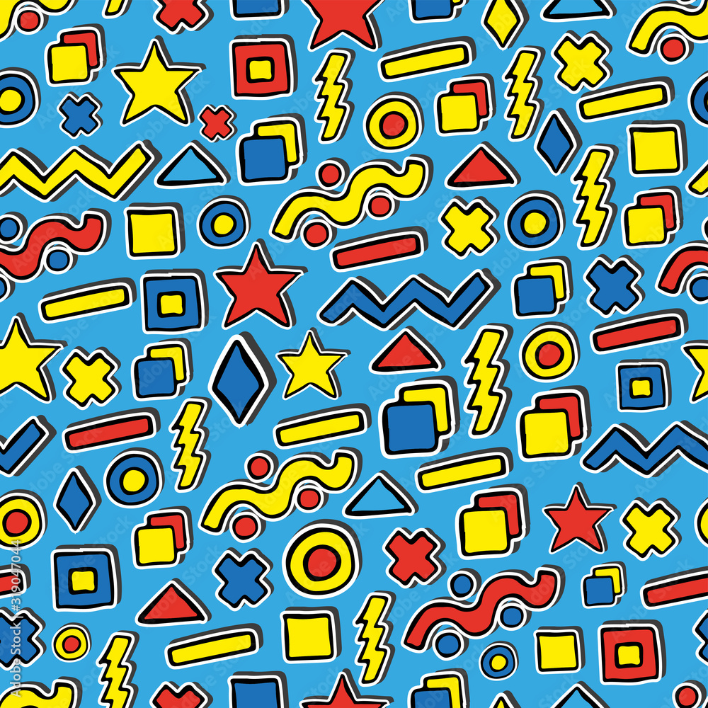 Bright colorful abstract background of geometric shapes. Seamless pattern. Vector hand drawing. Children's texture.