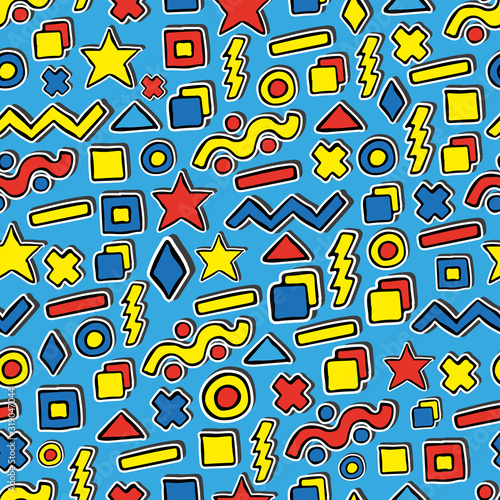 Bright colorful abstract background of geometric shapes. Seamless pattern. Vector hand drawing. Children s texture.