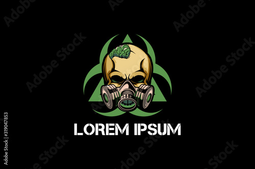 skull open brain and gas mask with biohazard symbol cartoon vector crest logo template