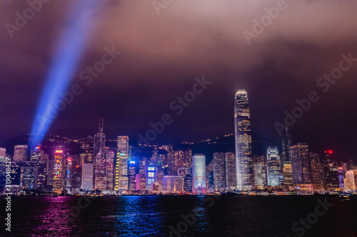 Panorama of Victoria harbor of Hong Kong city, from day to night Cold front in December,Sound and Light Show Period, Symphony of Lights.
