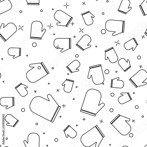 Black line Oven glove icon isolated seamless pattern on white background. Kitchen potholder sign. Cooking glove. Vector Illustration