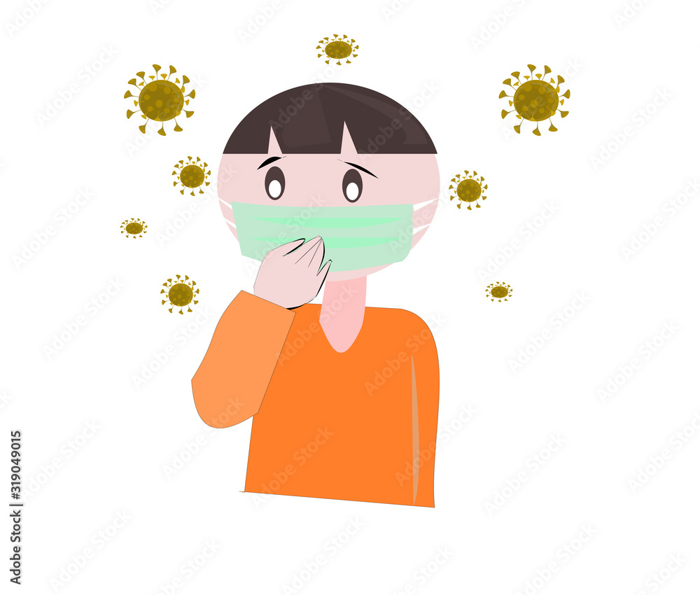 Cartoon Portrait Vector on isolate background.A man wearing a mask and viruses floating in the air. Cartoon Portrait Vector on isolate background.A man wearing a mask and viruses floating in the air.