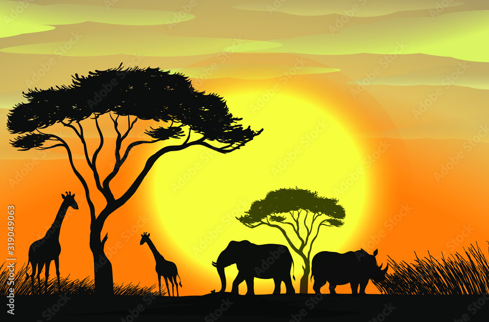 Vector illustration of Africa landscape with wildlife and sunset background on TV screen . Safari theme.