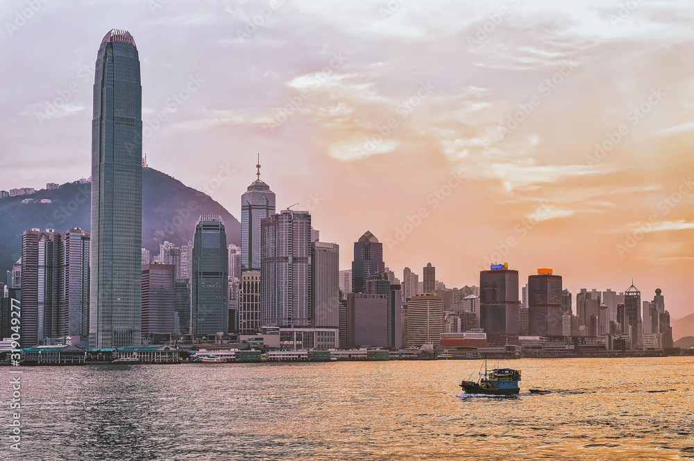 Obraz premium Water boat and Victoria Harbor of Hong Kong. View from Kowloon on HK Island.