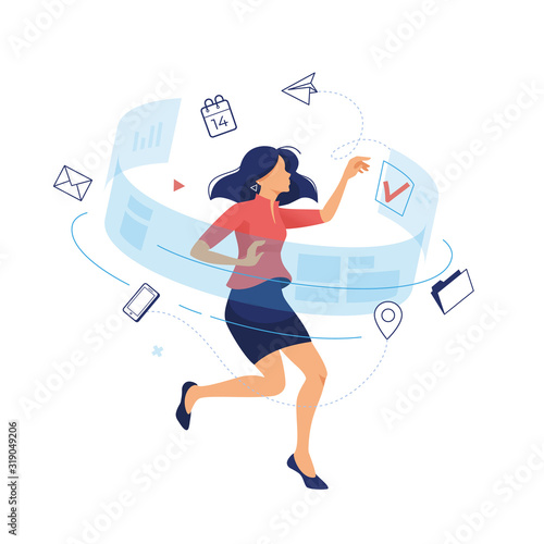 Project management business multitasking concept flat icons. Young woman in office clothes make choice. Modern flat website infographics illustration image for web banner printed material. Vector