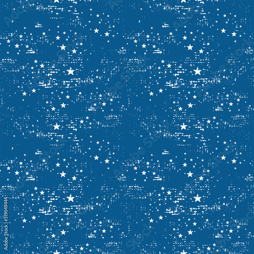 Grunge seamless pattern with stars and circles shabby texture. Vector template on blue background can be used in different designs as an additional element of the background.