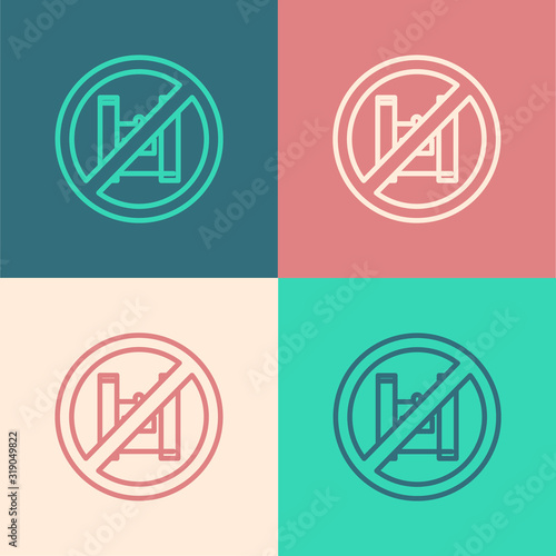 Color line Say no to plastic bags poster icon isolated on color background. Disposable cellophane and polythene package prohibition sign. Vector Illustration
