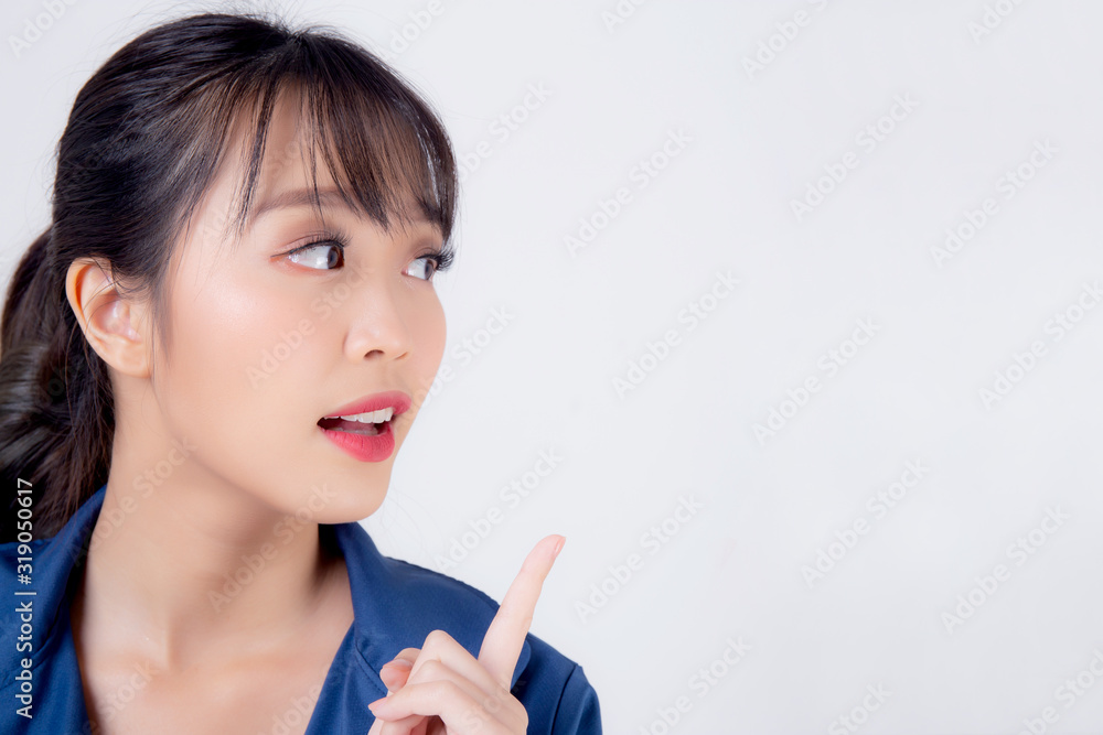 beautiful portrait young business asian woman presenting show and pointing isolated on white background, asia model secretary career businesswoman thinking idea with confident of corporate. beautiful portrait young business asian woman presenting show and pointing isolated on white background, asia model secretary career businesswoman thinking idea with confident of corporate.