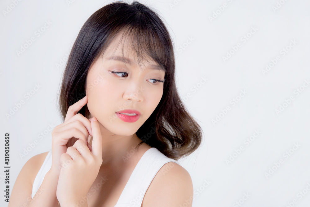 Beautiful woman asian makeup of cosmetic, beauty asia girl hand touch cheek and smile attractive, face of beauty perfect with wellness isolated on white background with skin healthcare concept. Beautiful woman asian makeup of cosmetic, beauty asia girl hand touch cheek and smile attractive, face of beauty perfect with wellness isolated on white background with skin healthcare concept.