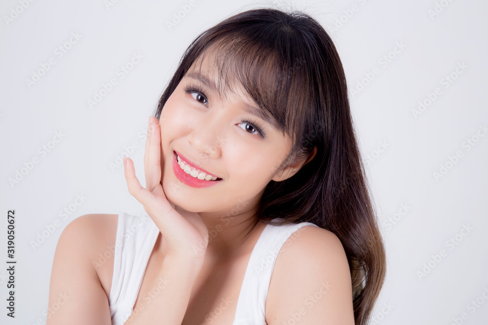Beautiful woman asian makeup of cosmetic, beauty asia girl hand touch cheek and smile attractive, face of beauty perfect with wellness isolated on white background with skin healthcare concept. Beautiful woman asian makeup of cosmetic, beauty asia girl hand touch cheek and smile attractive, face of beauty perfect with wellness isolated on white background with skin healthcare concept.