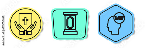 Set line Oath on the Holy Bible, Stage stand or debate podium rostrum and Head with law. Colored shapes. Vector