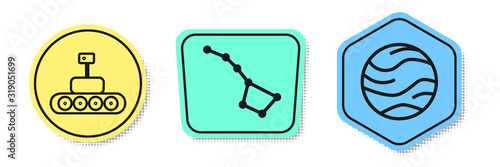 Set line Mars rover, Great Bear constellation and Planet. Colored shapes. Vector