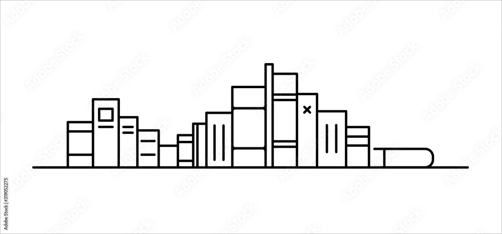 Book shelf with books forming a cityscape. Reading concept. Simple line art vector illustration.