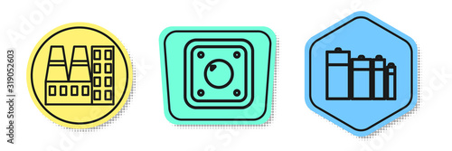 Set line Power station plant and factory, Electric light switch and Battery. Colored shapes. Vector