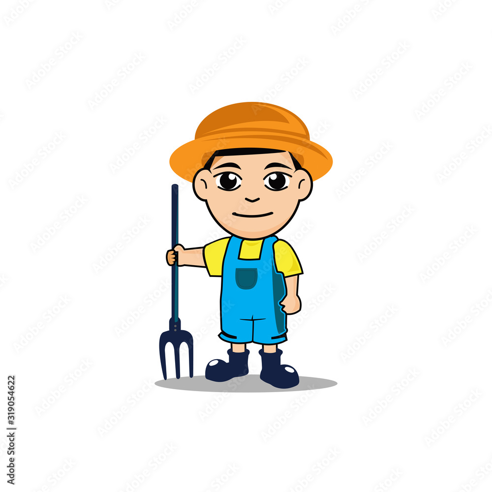 Kid farmer cartoon vector illustration, kids with straw hat and fork mascot logo design