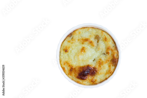 Cottage cheese casserole with raisins  isolated on a white background.