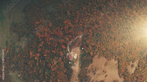 red and brown forest trees surround small farm buildings lit by bright autumn sunlight vertical aerial zoom in. Carpathian mountains, Ukraine beauty nature. Travel, summer holidays. photo