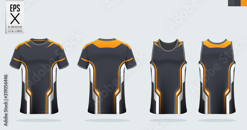 Black - Orange t-shirt sport mockup template design for soccer jersey, football kit. Tank top for basketball jersey and running singlet. Sport uniform in front view, back view.  Vector art Illustran.