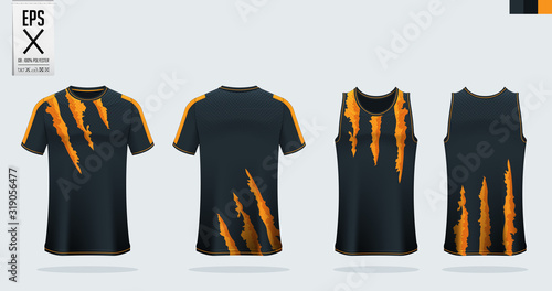 Black - Orange t-shirt sport mockup template design for soccer jersey, football kit. Tank top for basketball jersey and running singlet. Sport uniform in front view, back view.  Vector art Illustran.