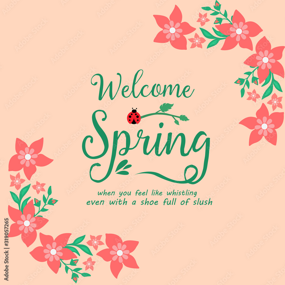 Beautiful red wreath frame and elegant pattern of leaf, for welcome spring greeting card design. Vector