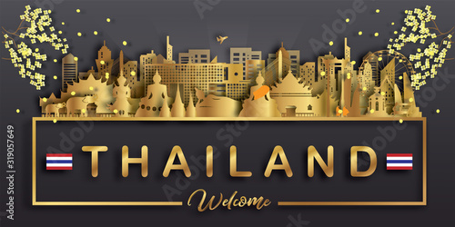 Thailand Travel postcard,advertisement, poster, tour advertising of world famous landmarks in paper cut style. Vectors illustrations
