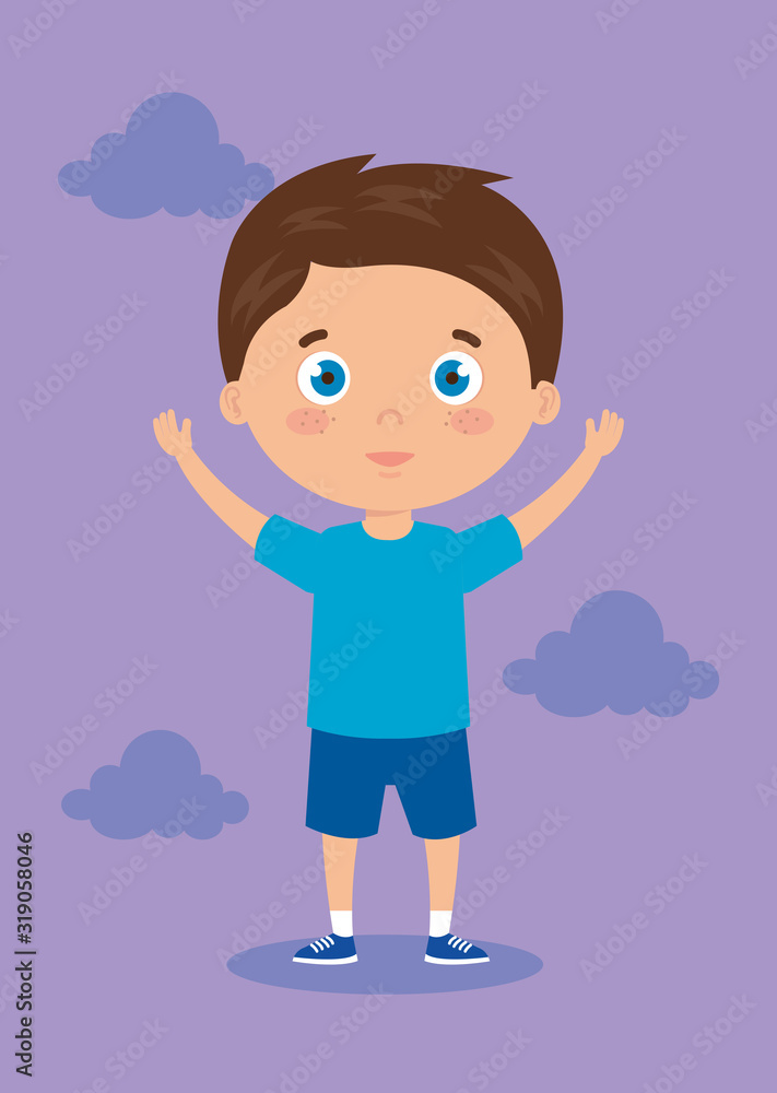 cute little boy with hands up and clouds cute little boy with hands up and clouds