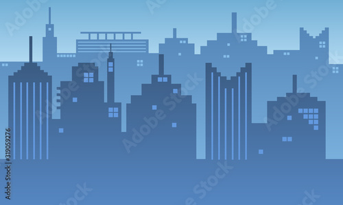 Urban silhouette in the morning with a building many windows