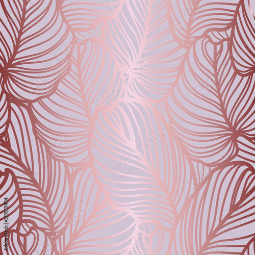 Damask floral pattern. IIt is for royal wallpaper, fabric, card and poster. Gold leaves of a Calathea orbifolia background.