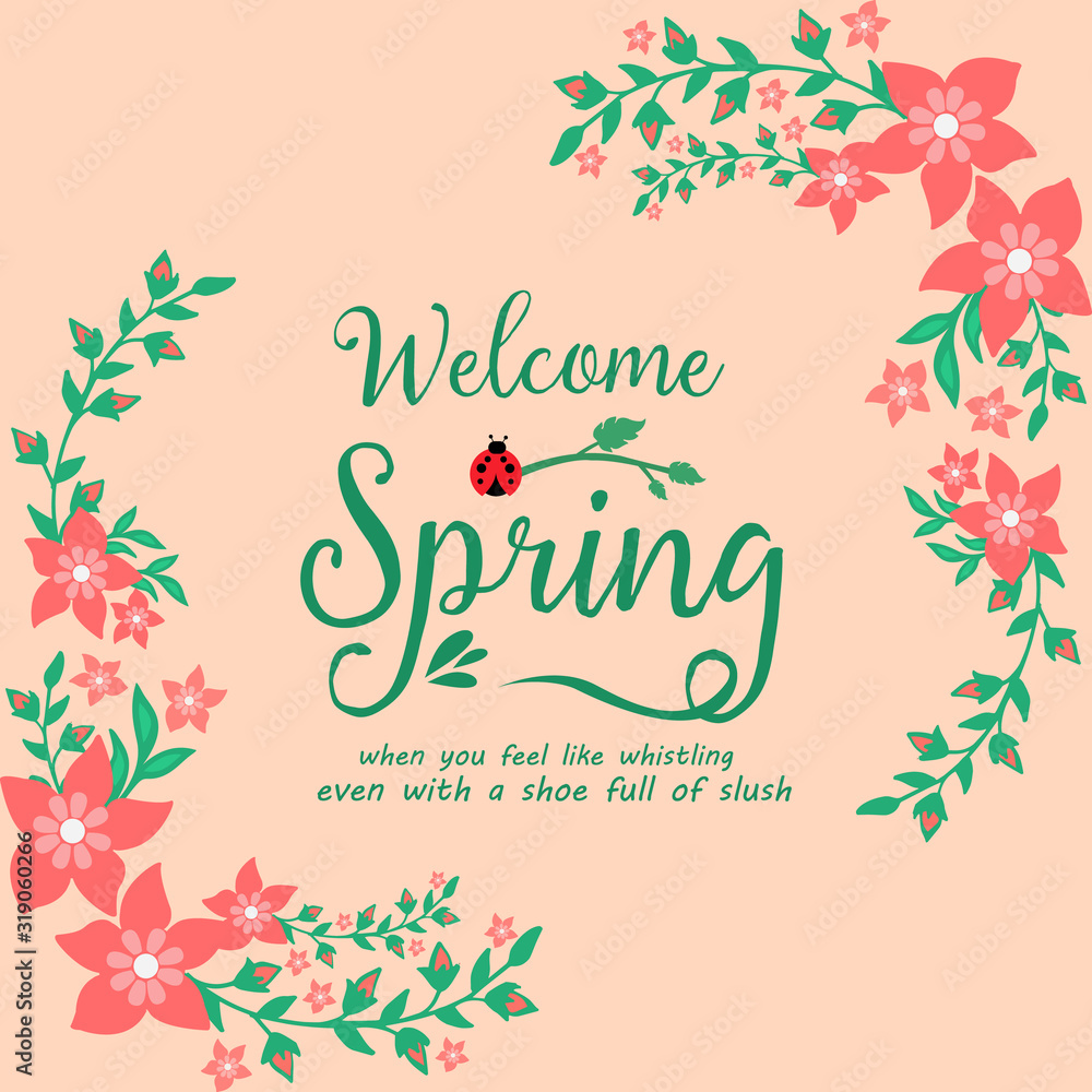 Obraz premium Greeting card welcome spring Design, with ornate simple of leaf and red flower. Vector
