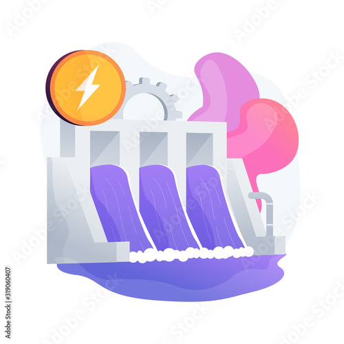 Hydroelectric power station, water mass energy using, dam and reservoir. Channel streams and tidal movements power, hydro energy generation. Vector isolated concept metaphor illustration.
