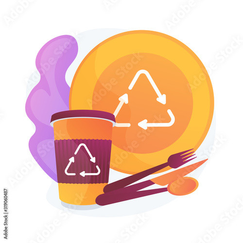 Eco friendly reusable tableware. Plastic free cutlery, ecological outdoor kitchenware, disposable paper cup. Cartoon recyclable plate, knife and fork. Vector isolated concept metaphor illustration.