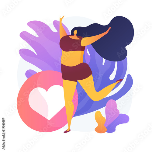 Body positive happy woman. Social media influencer, plus size model, healthy lifestyle. Cheerful overweight girl in underwear cartoon character. Vector isolated concept metaphor illustration.